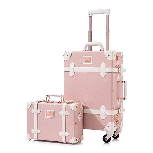 Unitravel 2 Piece Vintage Luggage Set, 20' Women Carry On Suitcase Set with TSA Lock, Faux Leather Spinner Trunk with 12' Train Case (Embossed Pink)