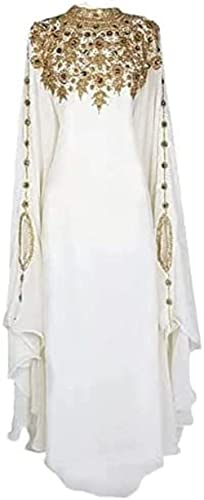 Abaya Kaftans for Women White Gown Maxi Sale New Dubai Kaftan Beautiful Moroccan Kaftan Farasha Dress Long Muslim Dress (L)