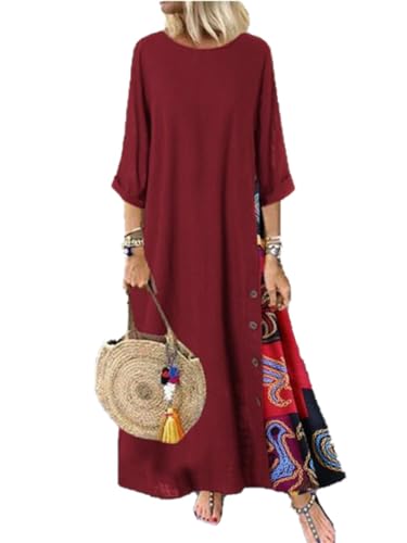 compulsoryking Women's Round Neck Button Patchwork Dress 3/4 Sleeve Holiday Vacation Dresses 2024 Casual Beach A Line Dress (Wine Red,Large)