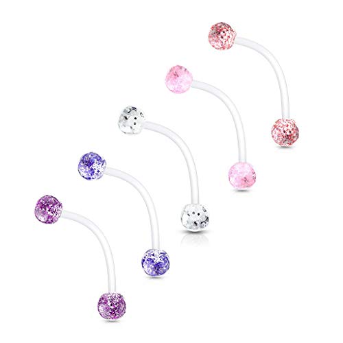 Forbidden Body Jewelry 1' 14G Flexible Bioflex Pregnancy Belly Ring with 6mm Glitter Balls, 5pc Clear/Blue/Pink/Purple/Red