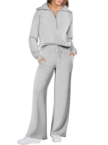 ANRABESS Women 2 Piece Outfits Sweatsuit Set 2023 Fall Trendy Oversized Quarter Half Zip Sweatshirt Wide Leg Sweatpant Lounge Matching Sweat Set Athletic Tracksuit Travel Clothes 1088qianhuahui-M
