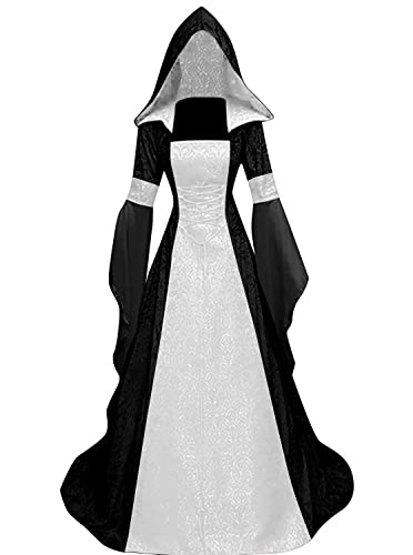 BITSEACOCO Deluxe Witch Dress Costume for Women, Vintage Embroidered Renaissance Victorian Gothic Hooded Vampire Gown Dress Cosplay (Black White, M)