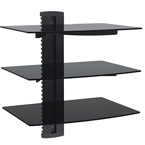 Duramex (TM) Wall Mount AV DVD Cable box, Game Console, Component Shelving System with 3 Adjustable Tempered Glass Shelf (Black)