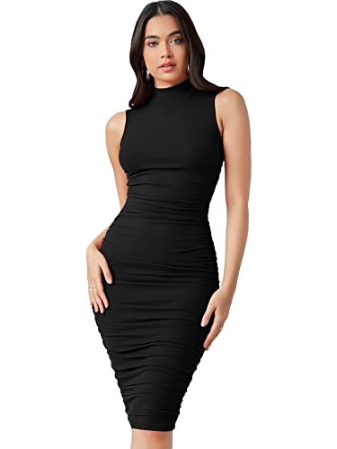 Floerns Women's Solid Sleeveless Mock Neck Knee Length Ruched Bodycon Dress Black M