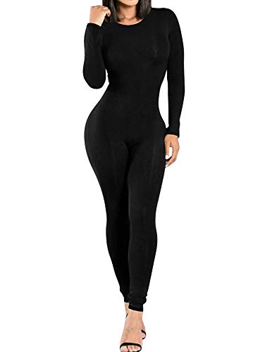 BEAGIMEG Women's Basic Long sleeve One Piece Crew Neck Romper Bodycon Jumpsuits Black