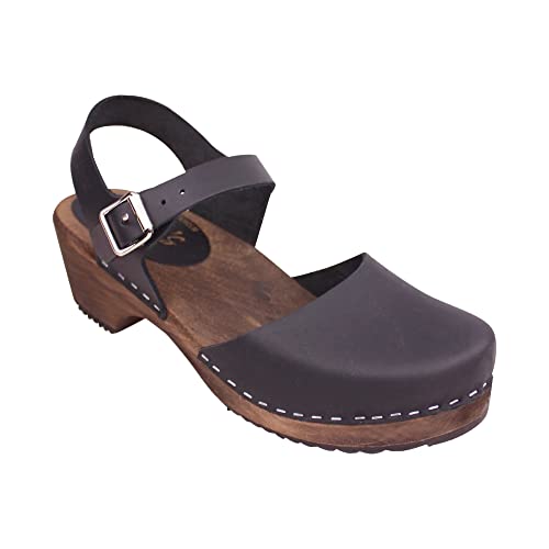 Lotta From Stockholm Swedish Low Wood Clogs - Black Leather Clogs for Women with Brown Base I Supportive Wooden Clog I 2 inch Heel & 3/4 inch Platform-38