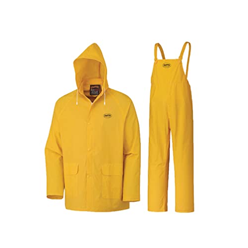 Pioneer Repel Rain Gear Safety Jacket and Bib Pants, Waterproof, Windproof PVC Work Suit for Men, 3 PC Set with Detectable Hood, Yellow, V3010460U-2XL