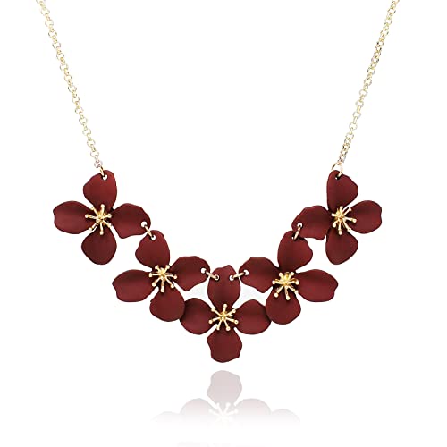 POMINA Floral Flower Bib Necklace Fashion Statement Floral Collar Short Necklace for Women (Flower Bib- Burgundy)