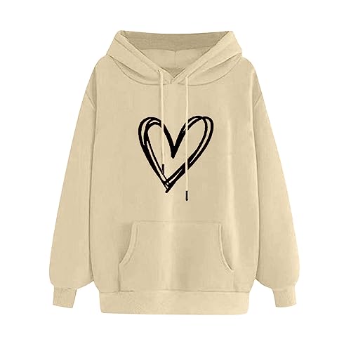 KSODFNXH Graphic Hoodies for Women Casual Trendy Heart Printed Long Sleeves Tops with Pockets Drawstring Pure Sweatshirts Beige