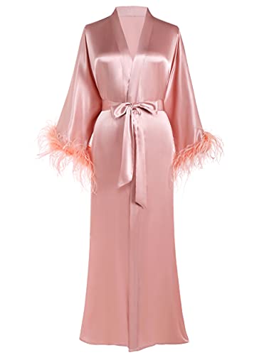 PRODESIGN Satin Kimono Robe Long Bath Robe with Ostrich Feather Trim Sleepwear Wedding Bridesmaid Robe