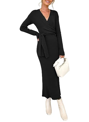 Happy Sailed Womens Fall Knit Maxi Dresses 2023 Trendy Long Sleeve Wrap V Neck Criss Cross Tie Waist Bodycon Ribbed Sweater Dress Black Large