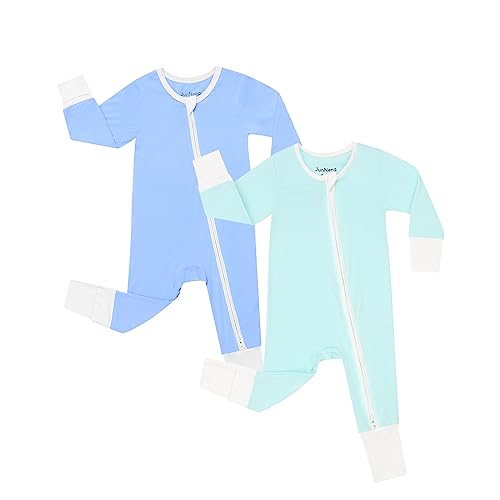 JunNeng Bamboo Viscose Baby Romper Sleeper with Mitten Cuffs Feet,Newborn Boy Girl Zipper Snug Fit Sleep 'N Play,Green+Blue 3-6 Months