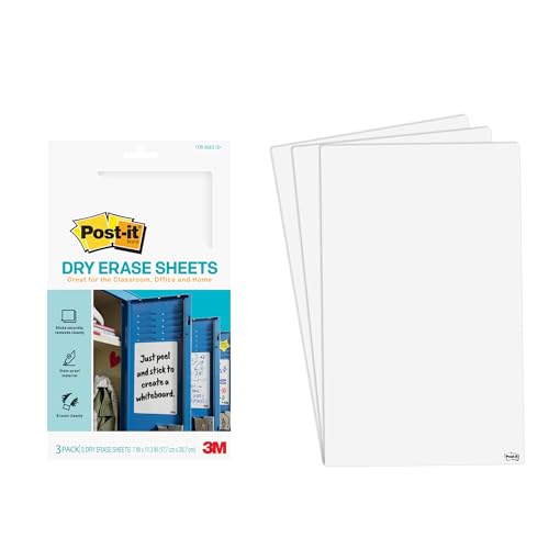 Post-it Dry Erase Sheets, 7 in x 11.3 in, Sticks Securely and Removes Cleanly (DEFSHEETS-3PK), White