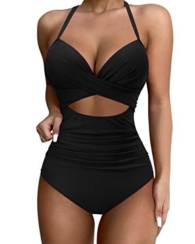 SUUKSESS Women Sexy Cutout One Piece Swimsuits Push Up High Waisted Monokini Bathing Suits (Black, M)