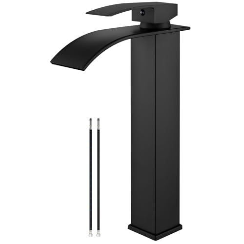 Airuida Vessel Sink Faucet Matte Black, Tall Waterfall Bathroom Faucet, Single Handle One Hole Mixer Bowl Tap with Large Rectangular Spout, Bar Sink Faucet Lavatory Vanity