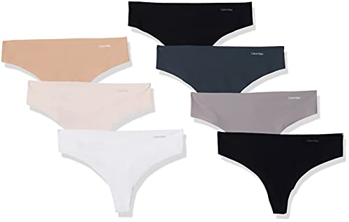 Calvin Klein Women's Invisibles Seamless Thong Panties, 7 Pack, Black/White/Bare/Silverlock/Undertone/Subtle Bloom/Speakeasy, Large