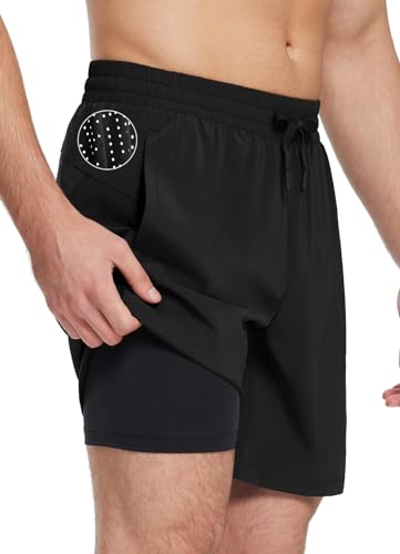 BALEAF Men's 7 Inch Swim Trunks with Compression Liner Quick-Dry Long Shorts Swim Shorts with Zipper Pockets Black M