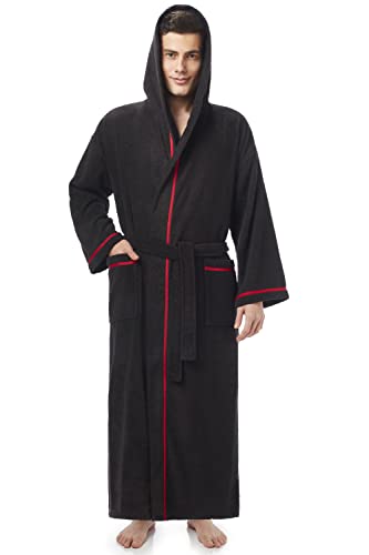 Arus Men's Long Hooded Classic Bathrobe Turkish Cotton Robe, Extra Tall, Black w Red XX-Large