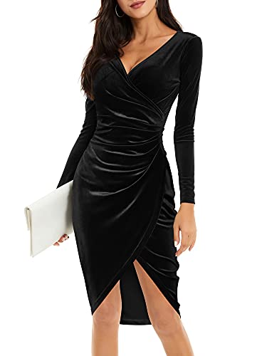 HUHOT Black Formal Dresses for Women Long Sleeve Bodycon Ruched Elegant Cocktail Evening Party Velvet Winter Dress