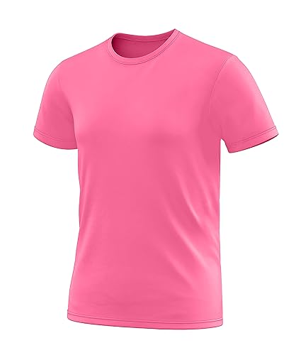 Mens Neon Athletic High Visibility Yoga Dry Fit Shirt Casual Short Sleeve Pink Running Performance Tshirt (L)