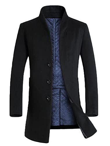 Lavnis Men's Trench Coat Long Wool Blend Overcoat Slim Fit Down Topcoat Thicken Style Black L