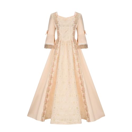 QIGUANDZ Women's Medieval Vintage Maxi Dress Lace Embroidery Muslim Kaftan Dress Renaissance Costume Long Ball Gowns Outfit Beige