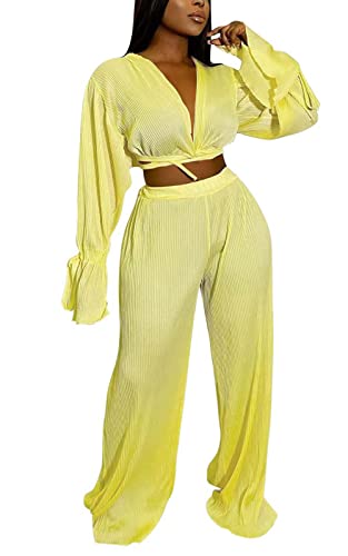 Y2K 2 Piece Casual Outfits for Women Ruched Crop Top High Waist Trousers Muse Sets Trendy Daily Suits Yellow