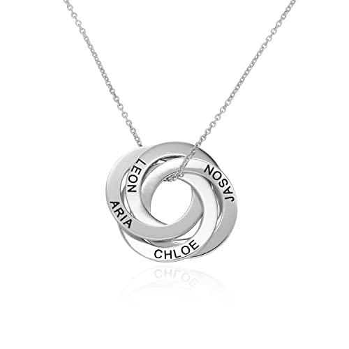 MYKA - Personalized Russian Ring Name Necklace - in Sterling Silver, Gold & Rose Gold Plating - 5 Round Discs Pendant with Custom Engraved Inscriptions - Dainty Gift for Mom, Wife, Her, Women - Jewelry For Mother’s Day, birthday, Xmas, Christmas, Anniversary