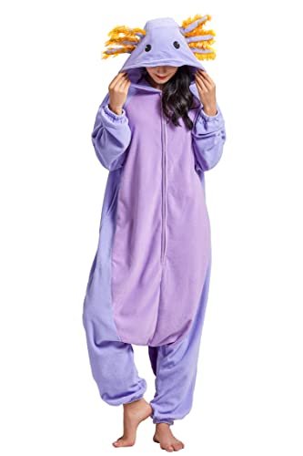 DELEY Unisex Axolotl Onesie Costume Adult Animal Pajamas Cosplay Plush Homewear Sleepwear Jumpsuit Lavender Axolotl
