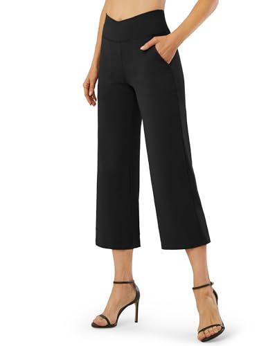 G4Free Capri Pants for Women Wide Leg Yoga Crop Pants with Pockets Cross Waist Stretch Dress Capris for Casual Workout(Black,XL,22')