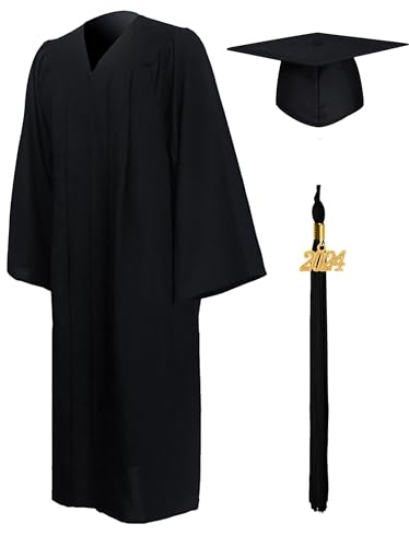 GraduationMall Matte Graduation Gown Cap Tassel Set 2024 for High School and Bachelor Black 54(5'9'-5'11')