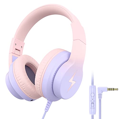 Candy Bila Kids Headphones, Wired Headphones for Kids with Microphone, 85/94dB Volume Limiter Headphones for Girls Boys with Sharing Jack, Foldable Headphones for Online Study, Gradient Pink
