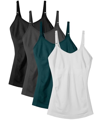 Women's Maternity Nursing Tank Tops with Built in Bra for Breastfeeding Shirt 4Pack Color Black Grey White Green Size M