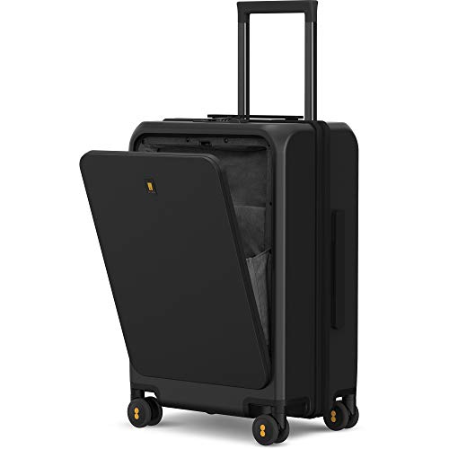 LEVEL8 Road Runner Pro Carry-On Luggage, 20” Lightweight PC Hardside Suitcase with USB Charging Port, Spinner Trolley for Luggage with Front Compartment, TSA Lock (Black)