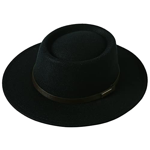 Lanzom Women Vintage Wide Brim Warm Wool Fedora Hat Belt Panama Hat Felt Jazz Hat Fit Size 6 8/7-7 1/4(A-Black, Medium)
