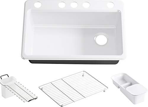 KOHLER K-5871-5UA3-0 Riverby 33' Undermount Single-Bowl Workstation Kitchen Sink, Workstation Sink, Cast Iron Kitchen Sink, White