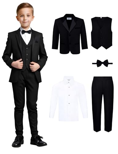 Boys 5 Piece Tuxedo Set - Includes Formal Jacket, Pants, Shirt, Vest & Bow Tie - Black (4T, Black)