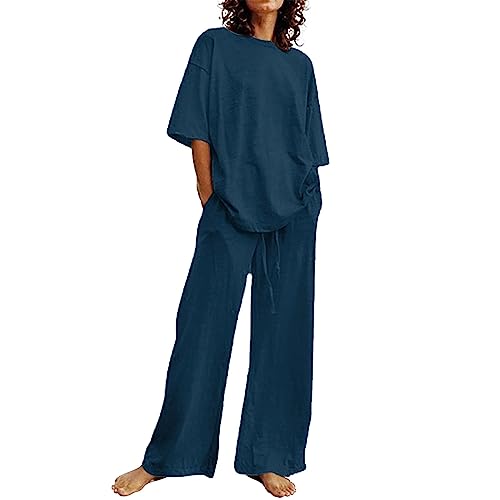 Lightning Deals Amaon Lightning Deals Today Women’S Linen Two Piece Outfits 2024 Plus Size Wide Leg Pants Sets Cotton Linen 2 Piece Outfits Trendy 2 Piece Cocktail Dresses Day Prime Deals Today Blue