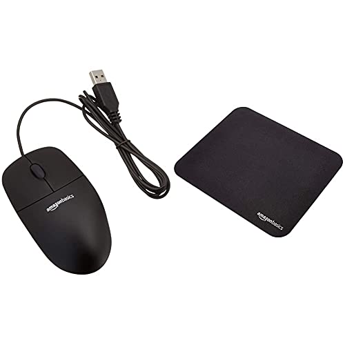 Amazon Basics Gaming Computer Mouse Pad - Black & 3-Button USB Wired Computer Mouse (Black), 1-Pack