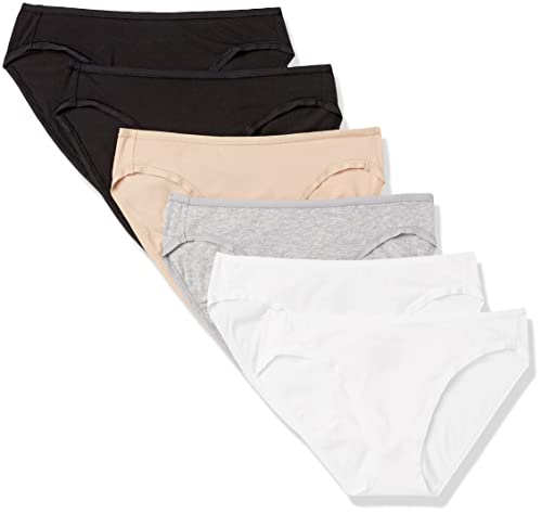 Amazon Essentials Women's Cotton Bikini Brief Underwear (Available in Plus Size), Pack of 6, Black/Grey Heather/Light Pink/White, X-Large