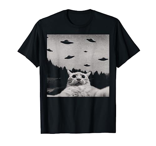 ThreadWeird Alien Cat UFO T-Shirt - Classic Fit, Round Neck, Black, Adult