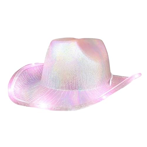 Carnivals Illuminated Cowboy Hat with Led Wide Brim Bridal Western Style Fedoras Hat for Outdoor Photoshoots Supplies Light Pink