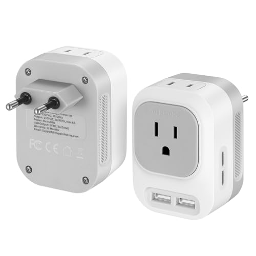 Mapambo 2 Pack 220V to 110V Travel Voltage Converter US to Europe European International Universal Plug Adapter Step Down Power Converter Adapter with 2 USB 2 USB C for Italy Spain Switzerland France