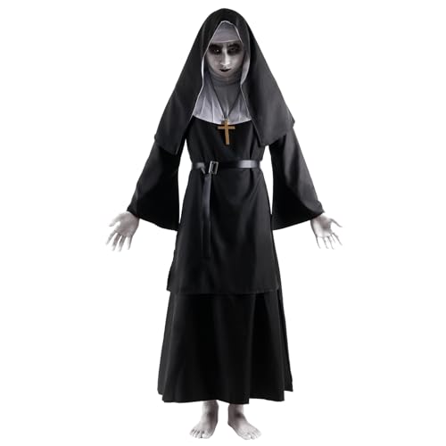 Vibsion The Nun Costume Scary Nun Outfit for Women Black Priest Outsuit Deluxe Halloween Party Costumes M