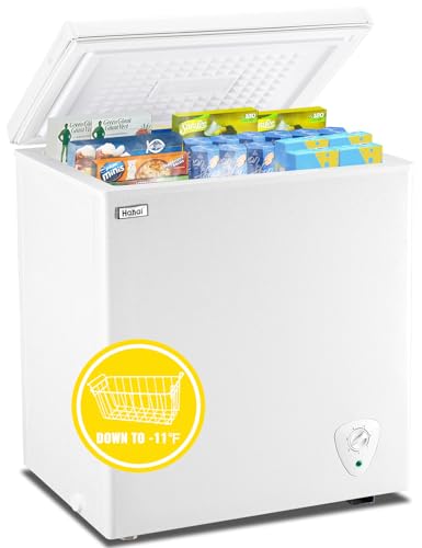 5.0 Cubic Feet Chest Freezer Small Deep Freezers with Removable Storage Basket Free Standing Top Door Compact Freezer 7 Gears Temperature Control for Office Dorm Apartment