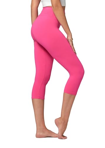 Fuchsia Pink Premium Ultra Soft High Waisted Capri Leggings for Women - 3' Wide Band - Workout Leggings for Women Tummy Control - One Size - SOL01R-3-Capri-Fuchsia
