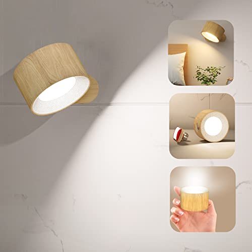 Deyagoo LED Wall Sconce, Wall Mounted Lamp with Rechargeable Battery Operated USB Port 3 Color Temperature & 3 Brightness Level 360°Rotate Magnetic Ball, Cordless Light for Reading Bedside-Wood