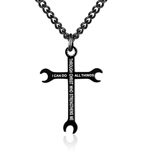 Wrench Cross Necklace for Men Stainless Steel Chain 24inch Wrench Tool Charm Pendant Personality Bible Verse Philippians 4:13 I CAN DO ALL THINGS Jewelry Inspirational Gift for Dad Son（Black）