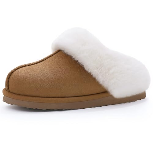 Litfun Fuzzy House Slippers for Women Fluffy Memory Foam Suede Slippers with Faux Fur Collar Indoor Outdoor, Brown, Size 7.5-8