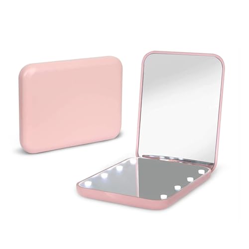 Kintion Pocket Mirror, 1X/3X Magnification LED Compact Travel Makeup Mirror with Light for Purse, 2-Sided, Portable, Folding, Handheld, Small Lighted Mirror for Gift, Pink